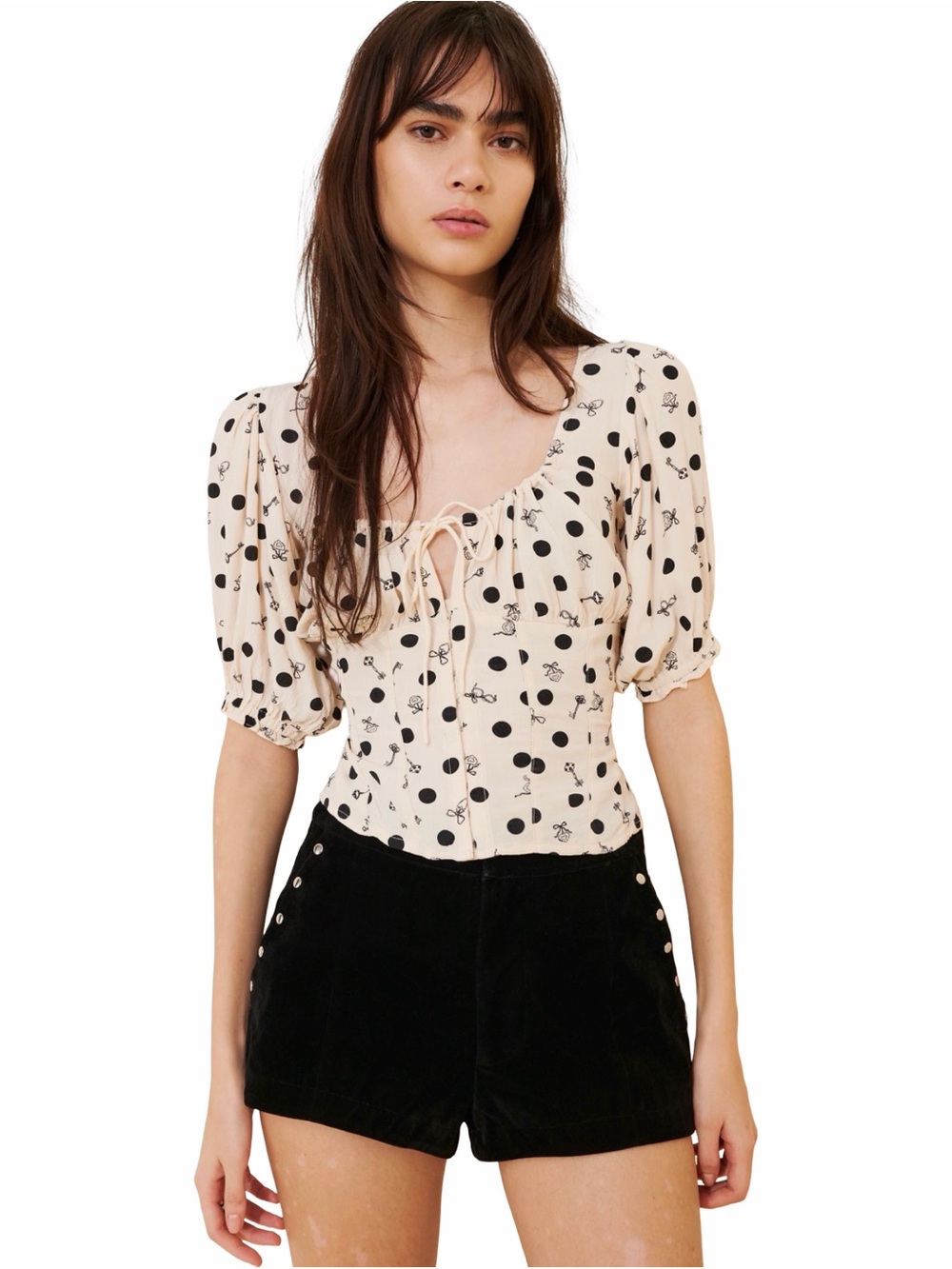 Free People Cream Polka Dot Tie-Front Puff Sleeve Blouse